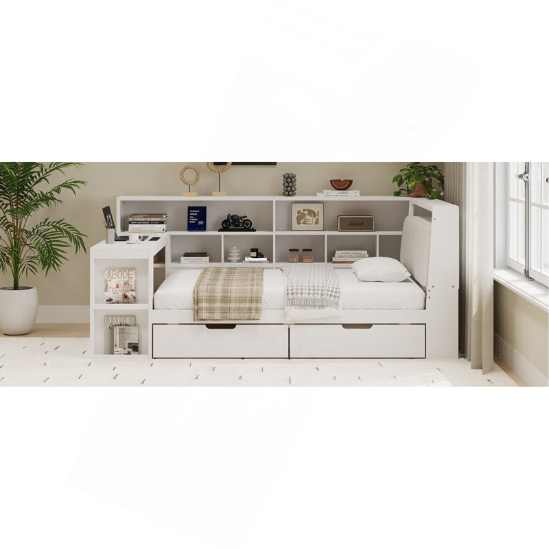 Full Size L-Shaped Wooden Daybed With Desk And Storage Bookcase, Corner Bed With Upholstered Headboard And Under-Bed Drawers And LED Light For For Bedroom Living Room
