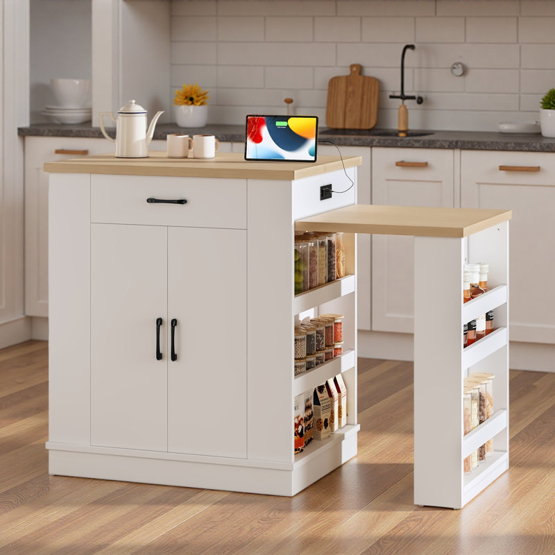 Extendable Island Console With Drawers, Double-Door Cabinet, And Open Shelving. Serves As Dining Table, Temporary Breakfast Bar, And Afternoon Tea Lounge