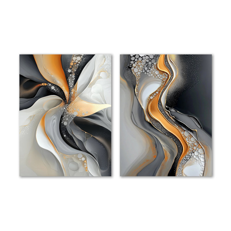 Encre dorée et grise fractale I - ensemble de 2 décorations murales géométriques en métal, 32" H x 48" W