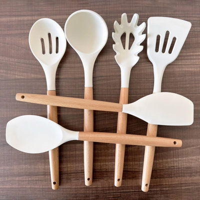 Ensemble d'ustensiles de cuisine pour la cuisine, 6 pièces, ustensiles de cuisine en silicone antiadhésif, cuillère à spatule, cuillère à soupe, ensemble de ustensiles pour ustensiles de cuisine à poignée en bois résistant à la chaleur