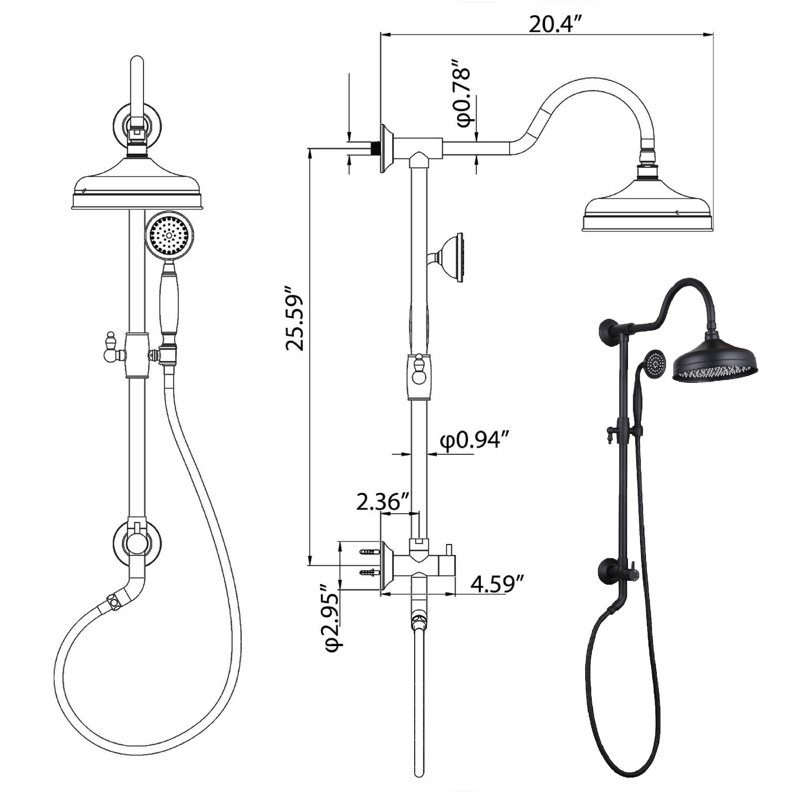 Pomme de douche double 1,8 GPM avec barre coulissante (valve non incluse), Noir mat