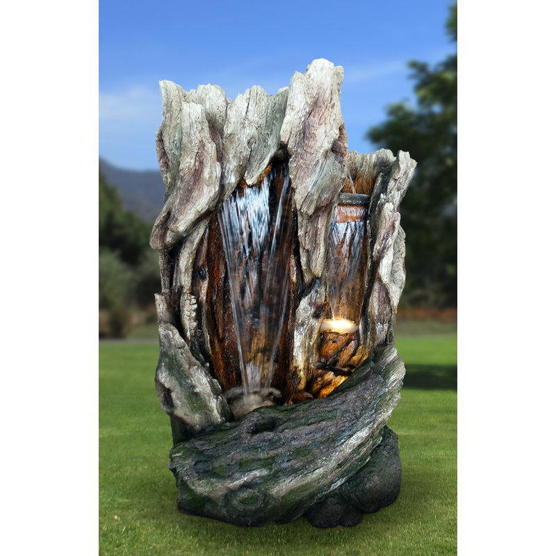 Outdoor Tiered Floor Tree Trunk Fountain with LED Lights, 63" H x 31" W x 40" D