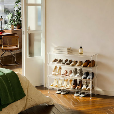 Range-chaussures en acrylique à 4 niveaux pour garde-robe, organisateur de chaussures pour vestibule pouvant contenir 16 à 20 paires de chaussures, 32,3 x 11,8 x 28,4 pouces, facile à nettoyer et à entretenir