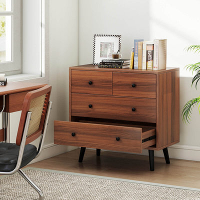 4 Drawer Dresser for Bedroom Wide Chest of Drawers with Metal Guide Rails Walnut