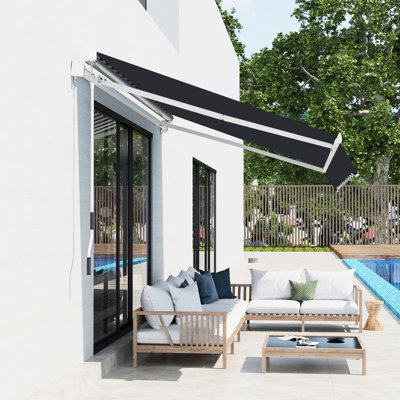 8' X 7' Patio Awning - Manual Black Retractable Sunshade. Easily Adjustable To Minimize Sun Exposure & Heat, Fits Multiple Surfaces, Solid Aluminum, Steel Fabric Sunlight