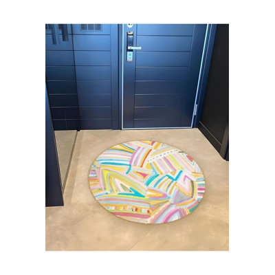 Round Multicolor Stripes Woven Base Modern Decorative Machine Washable Rug