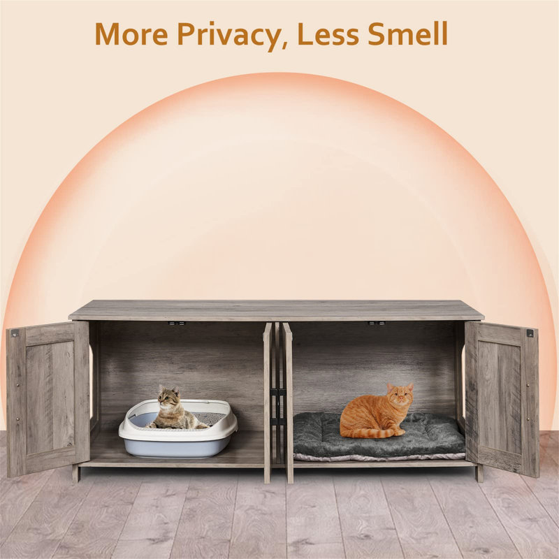 Greige Wooden Dual Room Cat Litter Box Enclosure