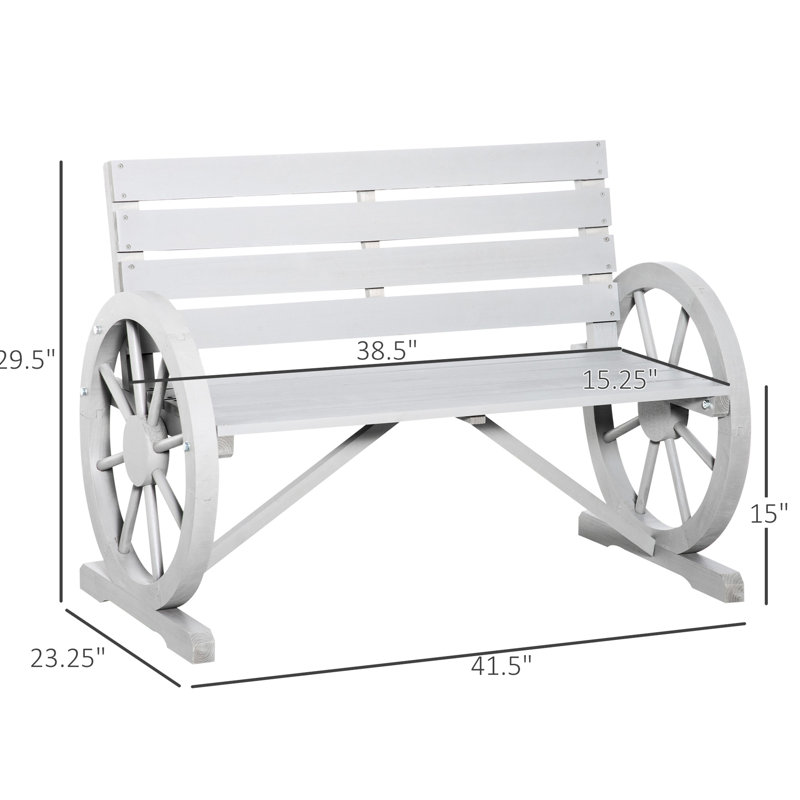 Rustic Outdoor 41" Seat Bench - Wooden Wagon Wheel, Gray, Weather , , 2, Solid Fir Wood Construction Gray Bench, With Wheel And Weather-