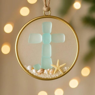 Christmas Decorations Sea Glass  Christmas Ornament White  Beach Golden Round Frame Beach  Decorations