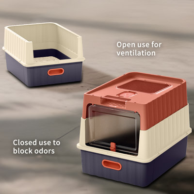 Red Simple Drawer Style Cat Litter Box, Space Saving Humanized Open Design with Transparent Ventilated Side Panels, Indoor Household Kitten Adult Cats