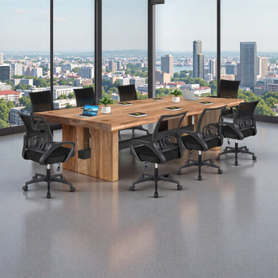 Solid Wood Conference Table with 12 Black Office Chairs Set by Hokku Designs