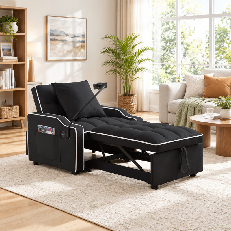 Fauteuil-lit convertible 3 en 1 en velours avec port USB-C et support pour téléphone, inclinable et réglable pour petits espaces, noir