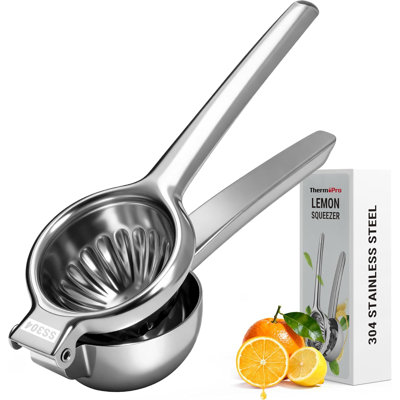 304 Stainless Steel Hand Citrus Juicer, Grooved Bowl 8 Filter Holes, Heavy-Duty Hinged Handle, High Yield, Easy to Use & Dishwasher Safe