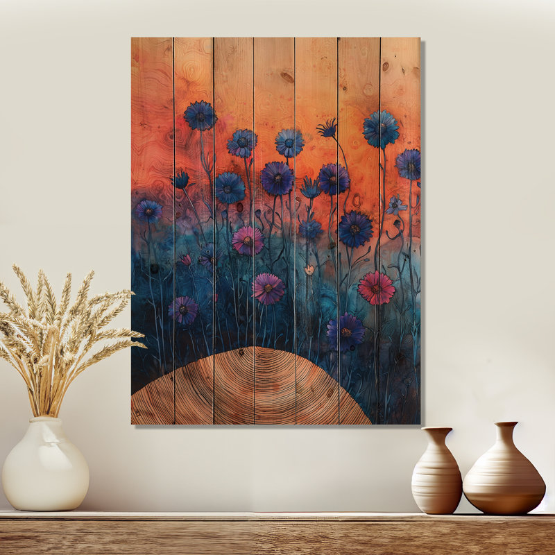 Cornflowers Garden At The Barn On Slide I - Cornflowers, impression sur bois - sur bois de pin naturel