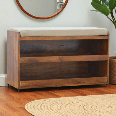 Banc à chaussures coulissant en lin Mud, 2 tablettes, châtaignier