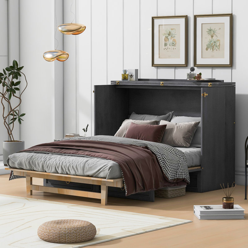 Lit escamotable avec grands tiroirs Murphy, Gris, Lit double