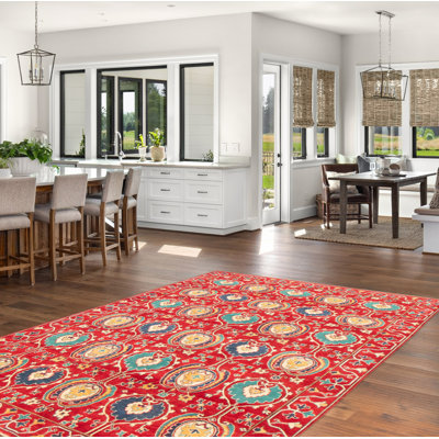 Tapis rouge foncé en laine noué à la main de conception unique 6 pi 8 po x 9 pi 9 po Olimar