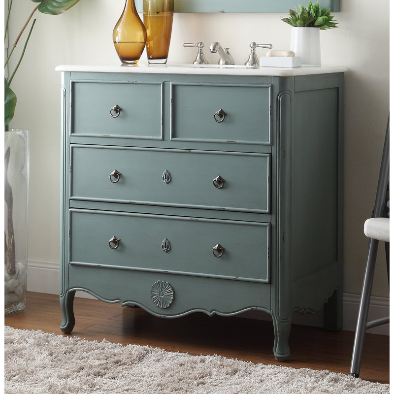 Nallely 34'' Single Bathroom Vanity with Marble Top with Mirror, Distressed Vintage Blue