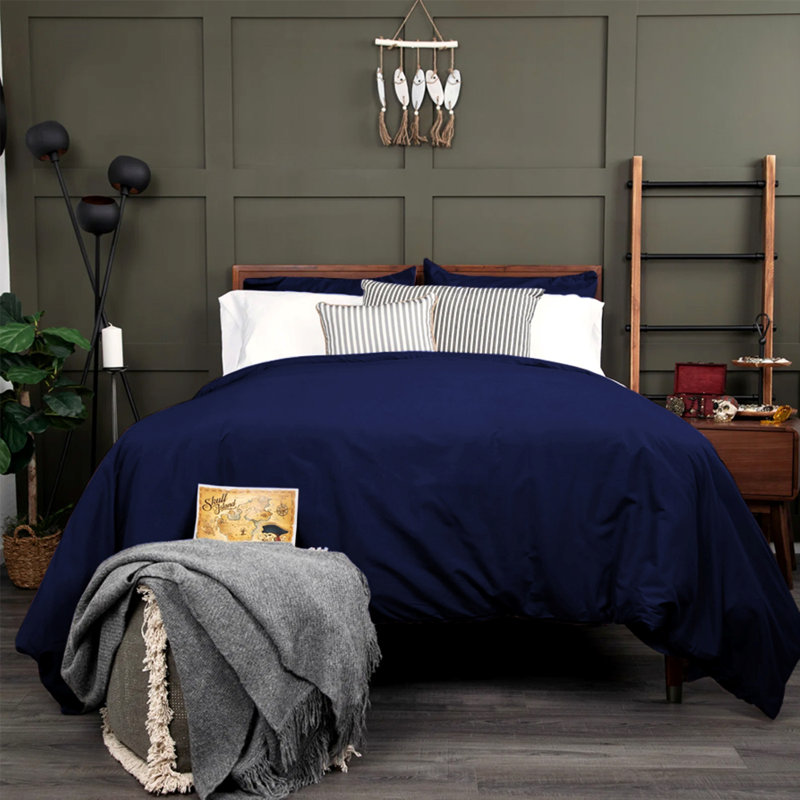 Microfibre 200 TC Plain Reversible Plain Weave Modern & Contemporary Duvet Cover Set, Double - 2 Standard Pillowcases, Navy