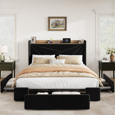 Velvet Upholstered Bed Frame With 3 Storage Drawers, Platform Bed With Wingback Storage Headboard And Charging Station