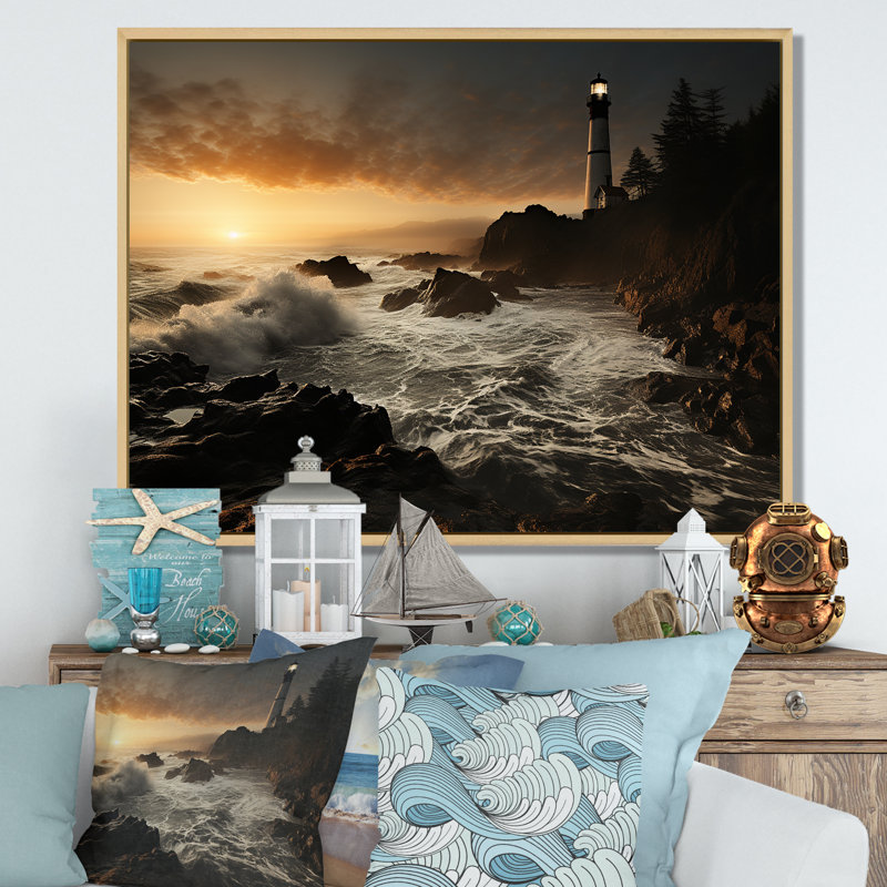 Coastal Light House Panorama - reproduction sur toile, Cadre naturel flottant, H 24 po x l 32 po x P 1 po