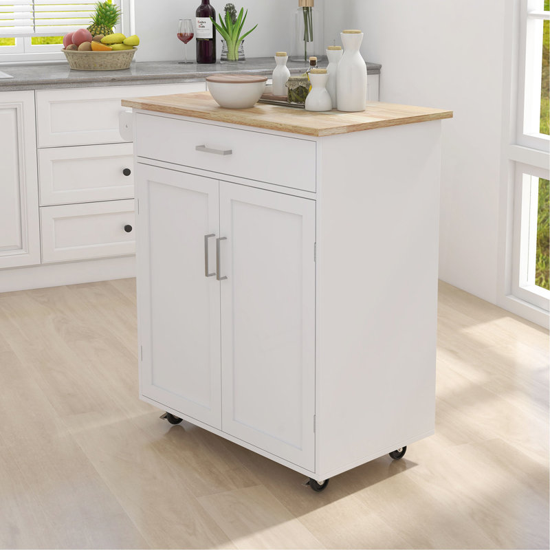 Îlot de cuisine avec chariot à roulettes avec tablettes réglables et plateau à serviettes en bois d'hévéa