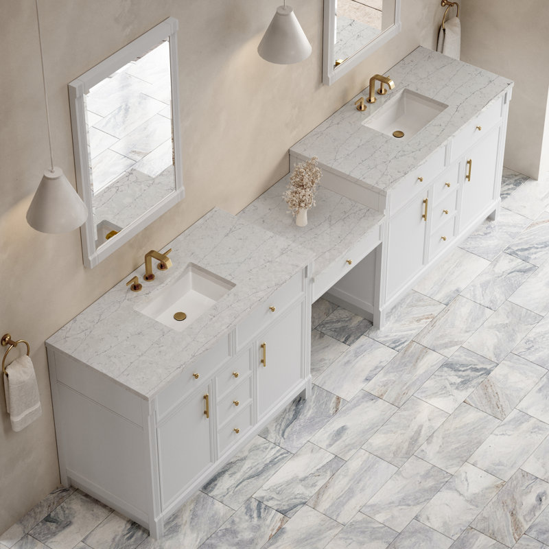 Bellshire 120" W Dual Vanity Set with 24" Make-Up Counter, Bright White, Eternal Jasmine Pearl, 8" Widespread