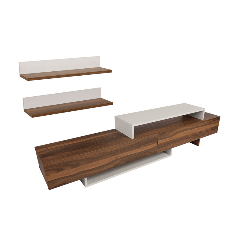 Modern TV Unit with Wall-Mount Capability, White & Teak, 70.9 x 16.4 x 11.6 inches | 100% Melamine Coated Particle Board, Thickness: 0.7 inches | Multiple Shelves for Storage, Stylish & Functional Design