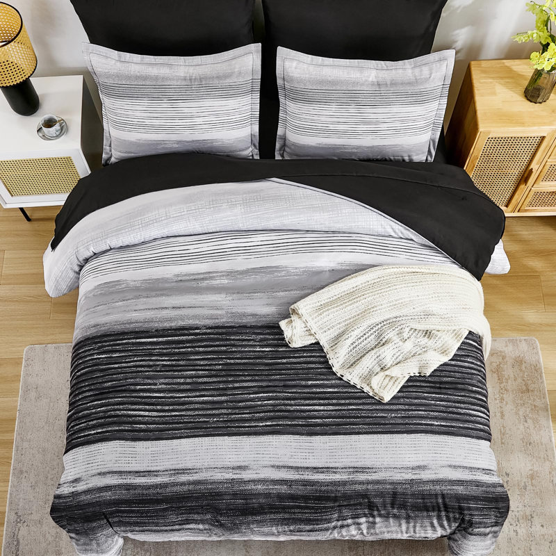 7 Pieces Striped Comforter Bedding Set All Season Bed in A Bag with Sheets, Pillowcases & Shams, Black Striped