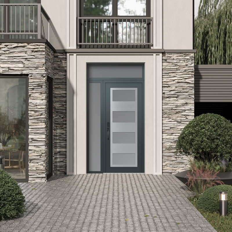 Porte d'entrée avant pré-suspendue à panneaux latéraux en acier argenté anthracite / anthracite avec panneau latéral, Gelé