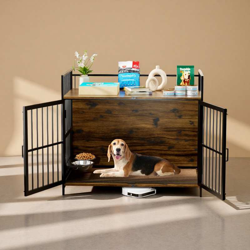 Mobilier de cage pour chien avec coussin, chenil d'intérieur avec bols rotatifs, cage de chiot d'intérieur robuste pour chiens de taille moyenne à grande