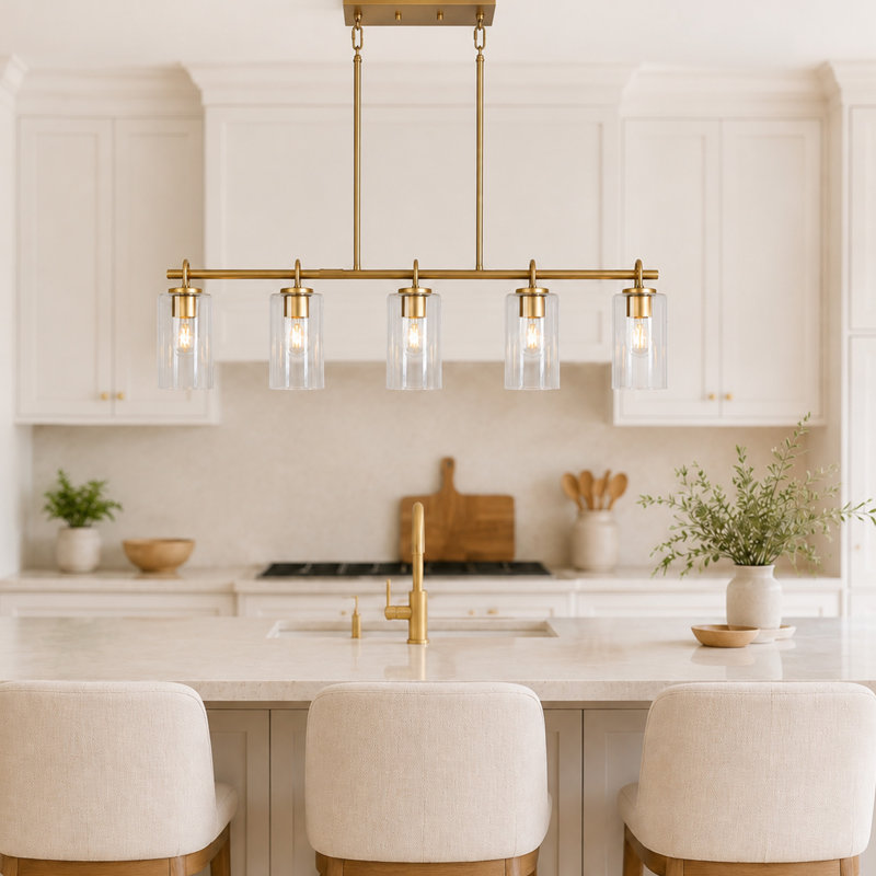 Luminaire suspendu pour îlot de cuisine à 5 lumières l 41,3 po en verre transparent