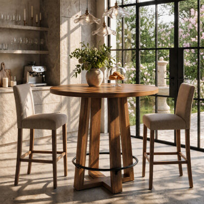 Counter Height Round Dining Table with Metal Footrest, Rustic Brown