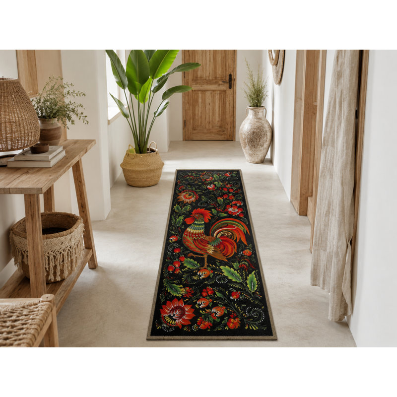 Black And Red Themed Rooster And Flower Rose Pattern Modern Decorative Carpet, Rectangle 3'4" x 5'