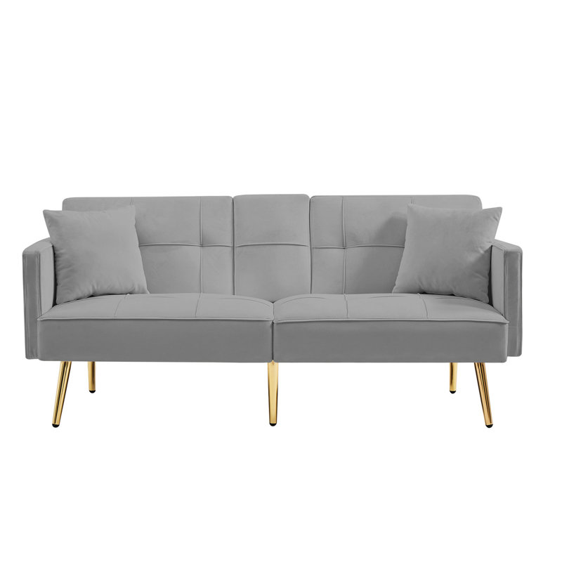 Grey Velvet Futon With Gold Legs, 3 Adjustable Settings For A Relaxing Time, 2 Side Pockets Storage, Foldable Cup Holder, Cozy Foam, Sinuous Spring Seat, Modern Pattern Convertible Bed And Legs -