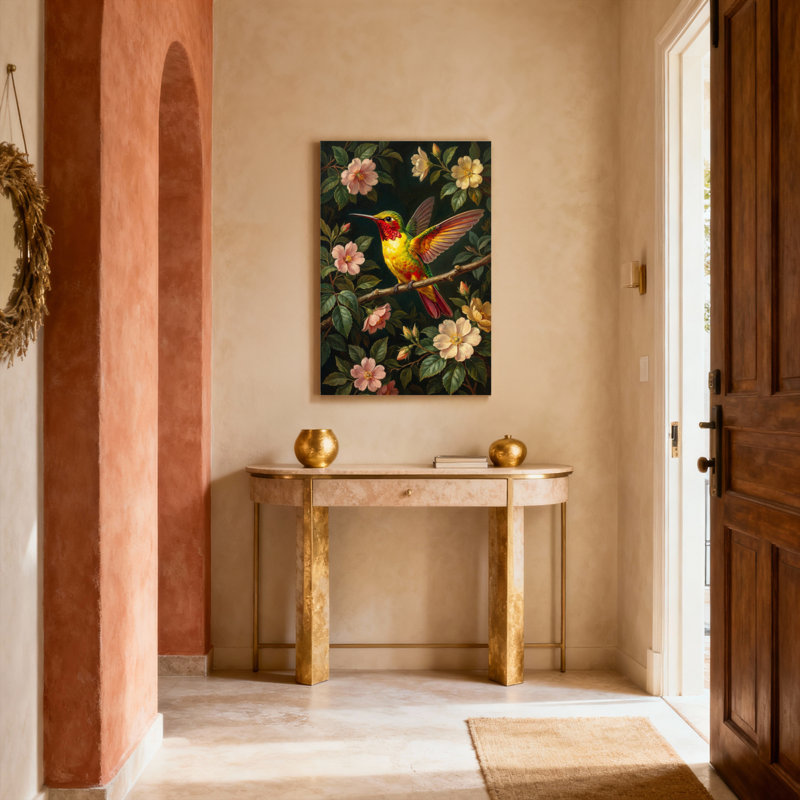 Ensemble de 1 tableau sur toile tendue représentant un colibri et des fleurs, H 30 po x l 20 po