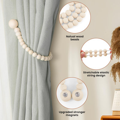 Magnetic Curtain Tiebacks, 4 Pack Wood Bead Curtain Holdbacks,Elegant Curtain Tie Backs for Boho Bedroom Decor, Baby Nursery Decor, Farmhouse Decor, No Tools Required