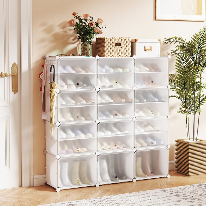 48 Pairs Portable Shoe Shelves 12-Cube Shoe Storage Cabinet W/Removable Shelf, White