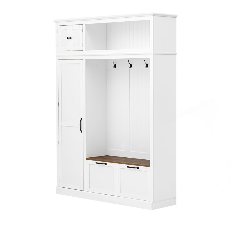 3-In-1 Hall Tree With Overhead Storage Cabinet, 3 Adjustable Side Shelves, 4 Heavy-Duty Hooks, 2 Spacious Drawers, Grooved Back Panel Design, Contrasting Seat Bench, Multifunctional Entryway Organizer