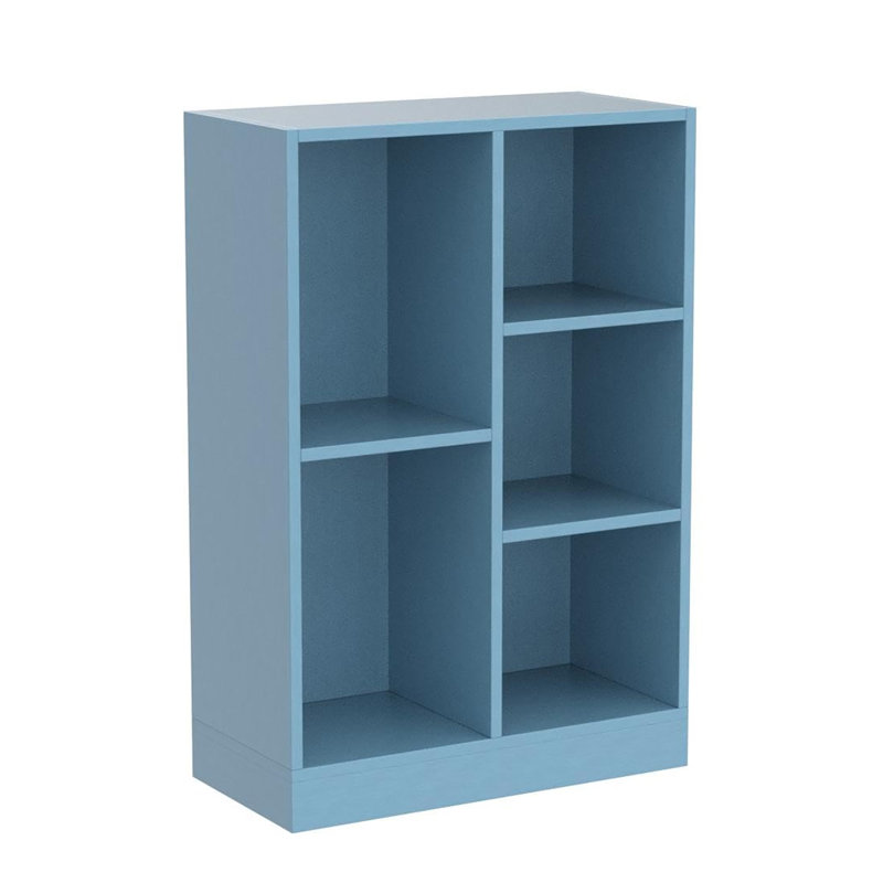 Bibliothèque à 3 niveaux avec tablette ouverte en bois avec base, présentoir 5 cubes et rangement en un, Bleu vif