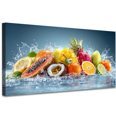 Fruit Wall Art - Splashing Tropical Kitchen Prints Wall Decor, Vibrant Summer Fruits Durr Painting for Dining Area, Canvas Artwork with Pine Frame, 16×32 inches