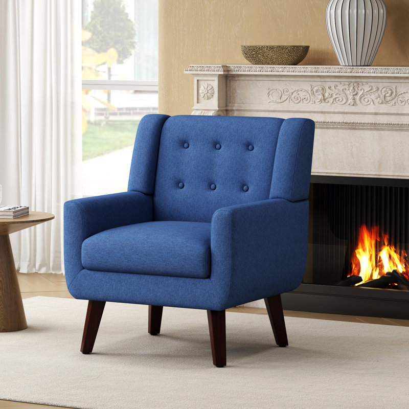 Tufted Linen Upholstered Accent Armchair With Solid Wood Leg, Navy, 1