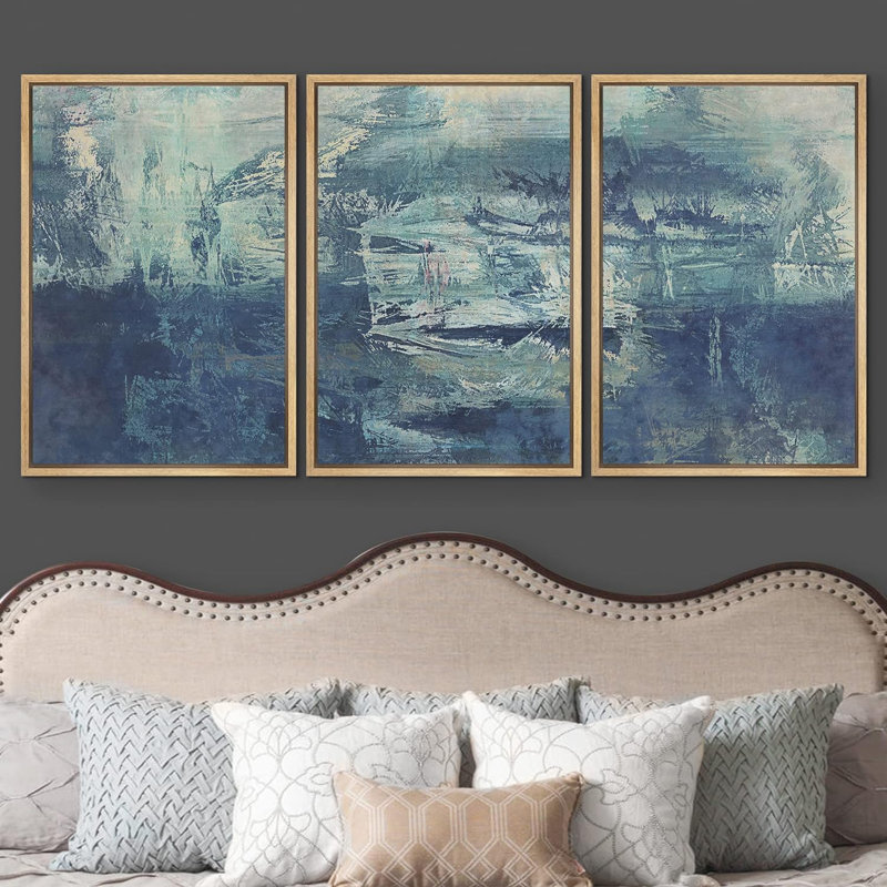 «Explosion de coups de peinture bleu clair et bleu marine», 3 pièces, Cadre naturel flottant, H 36 po x l 72 po