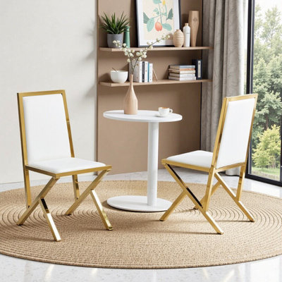 Set of 2 Ergonomic Gold Metal Framed Dining Chairs With Pu Backrest