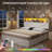 Farmhouse Bed Frame with Bookcase Headboard & 4 Storage Drawers - Rustic Wooden Platform Bed with LED Lights , No Box Spring Needed-177192654-181285278