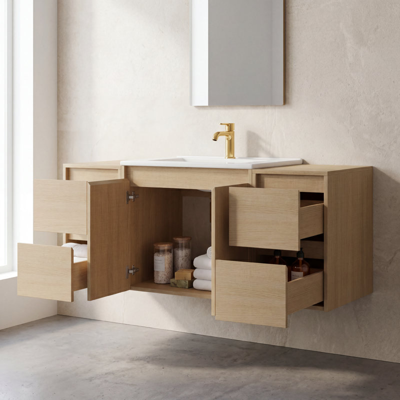 Meuble-lavabo flottant simple 48 po avec lavabo en céramique et conception sans poignée, Frêne, 48"