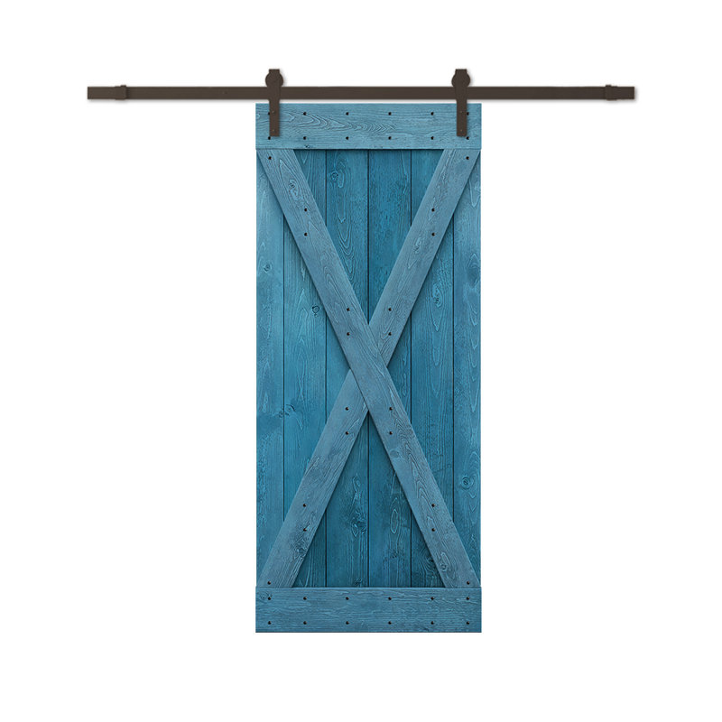 Porte de grange à panneaux et en bois avec quincaillerie d'installation, 22 po x 84 po, Bleu océan, Bronze huilé