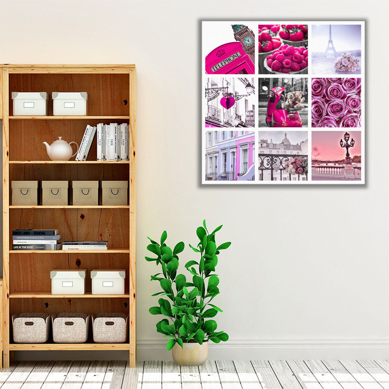 Collage de fleurs, bâtiments et lieux - reproduction d'art sur toile, H 12 po x l 12 po