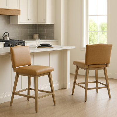 Tabourets de bar pivotants à hauteur de comptoir avec dossier, ensemble de 2 chaises de bar rembourrées en similicuir avec pieds en bois massif, tabourets de bar de style Mid-Century pour îlot de cuisine, salle à manger