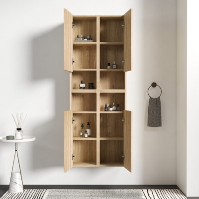 CC1014S112310 Rough Oak & Rough Oak Bathroom Floating 4-Piece Side Cabinet Set, Wall-Mounted Storage Cabinet For Small Space, KD